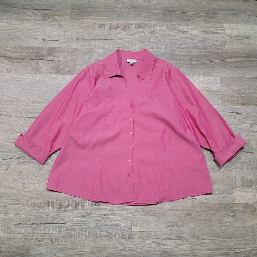 Coldwater Creek 3X Button Up Shirt Pink Sheen Cotton Twill Professional V Neck